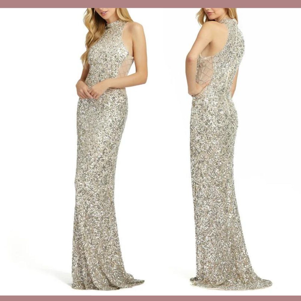 NWT$498 Mac Duggal [ 12 ] 4818 Illusion Side Halter Embellished‎ Gown Silver